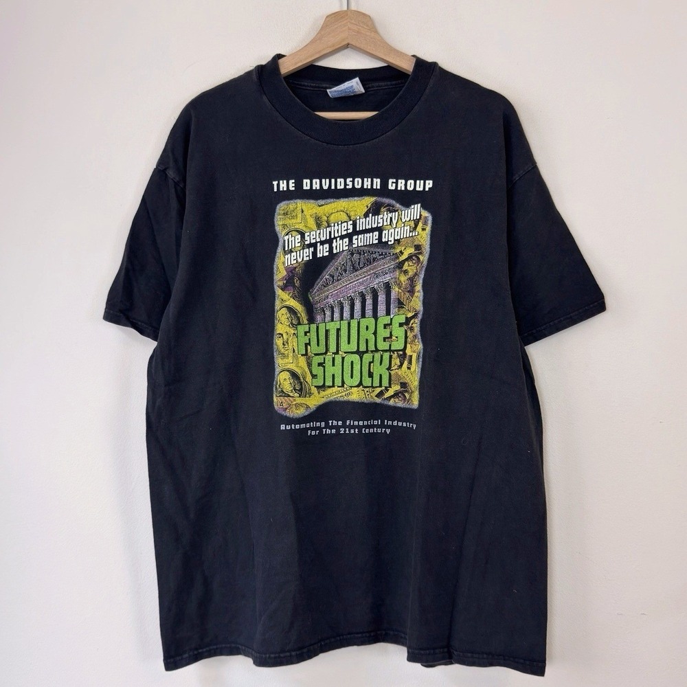Vintage 90's The Davidsohn Group Money Wall Street Technology Black Tee Shirt XL